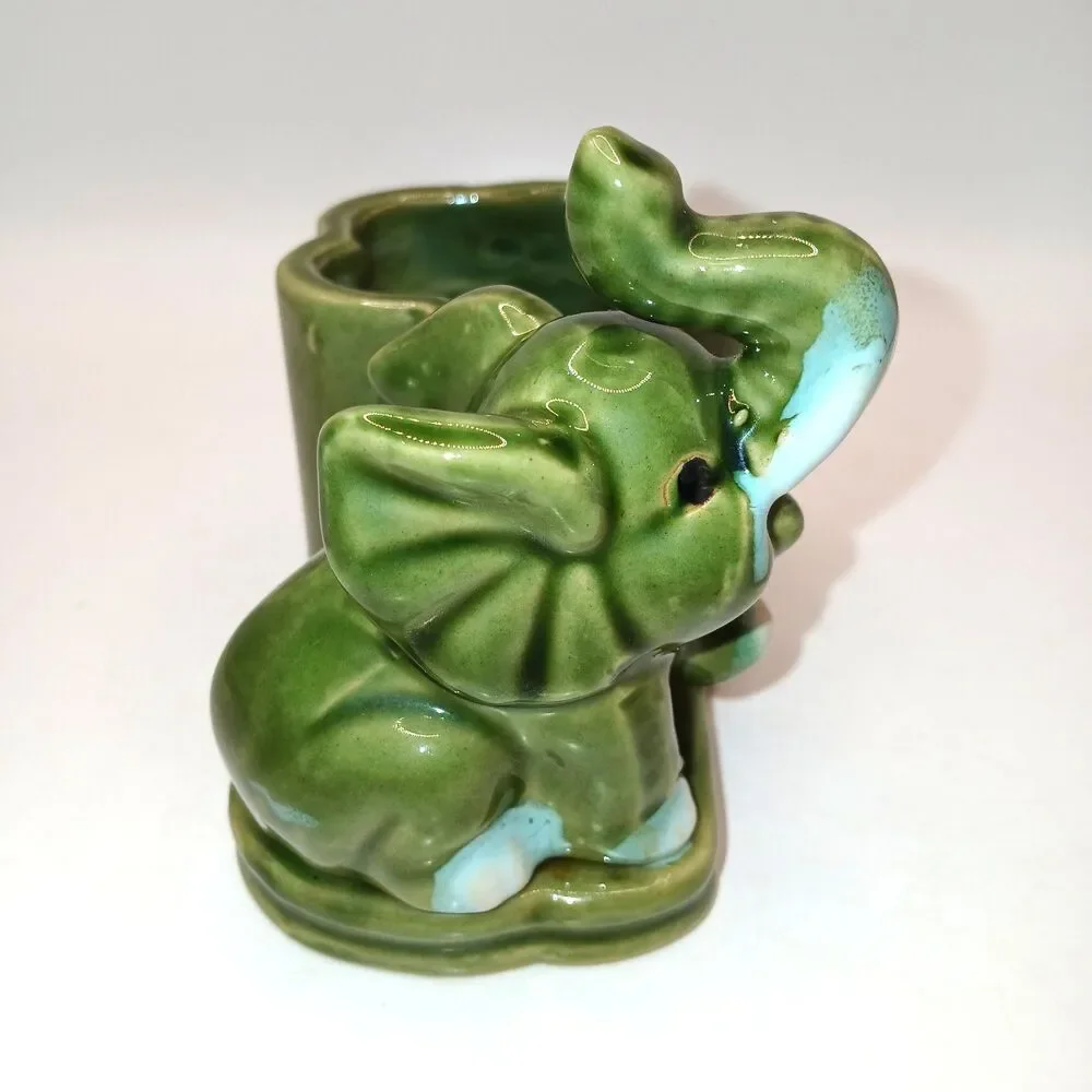 Ceramic Majolica Style Lucky Elephant Planter Green Glazed Trunk Up Figurine